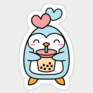 Cute Bubble Tea and Penguin with Hearts Sticker